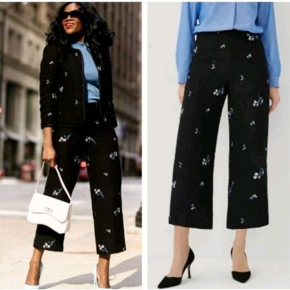Ann Taylor Kate Side Zip Wide Leg Crop Pant Floral Embroidered Tweed Black sz 10